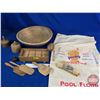Image 1 : Treenware including Dough Bowl, Utensils, Butter Presses, etc c/w Flour Sack
