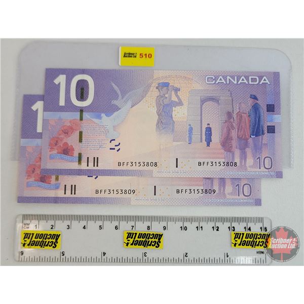 Canada $10 Bills 2005 (2 Consecutive) : Jenkins/Carney #BFF3153808-809  (See Pics for Varieties, Con