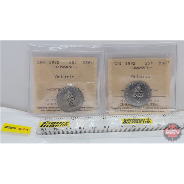 Canada Twenty Five Cent (2):  ~ 1992 Ontario (ICCS Cert #MS63) ~ 1992 Ontario (ICCS Cert #MS64)  (SE