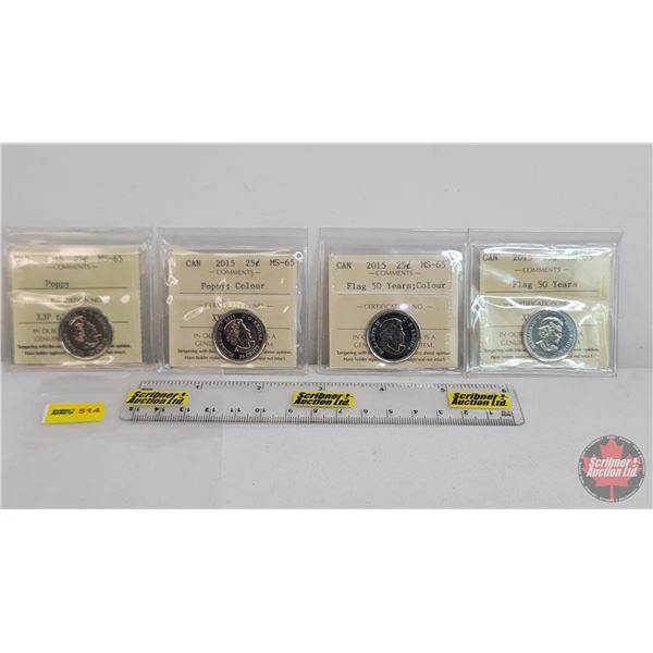 Canada Twenty Five Cent (4):  ~ 2015 Poppy (ICCS Cert: MS-65) ~ 2015 Poppy ; Colour (ICCS Cert: MS-6