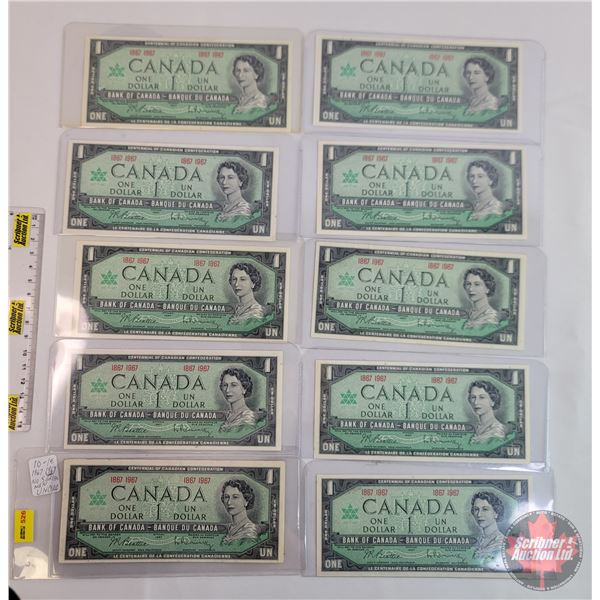 Canada $1 Bills 1967 Centennial (10) : Beattie/Rasminsky 1867  (See Pics for Varieties, Conditions,