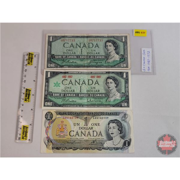 Canada $1 Bills (3): - 1954 : Beattie/Coyne #DN0717715 - 1967 : Beattie/Rasminsky # 1867 1967 - 1973