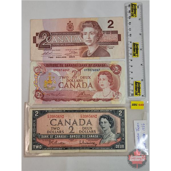 Canada $2 Bills (3): - 1954 : Beattie/Rasminsky #FR3985682 - 1974 : Lawson/Bouey #UM3076047 - 1986 :