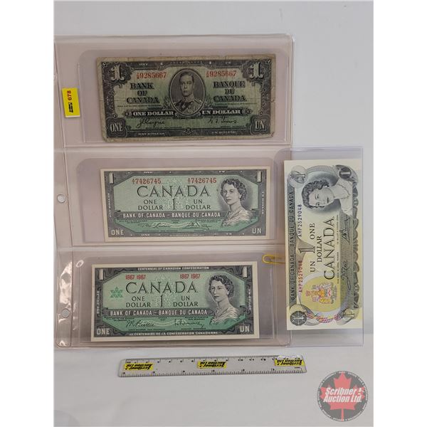 Canada One Dollar Bills (4): - 1937 Coyne/Towers #ZM9285667 - 1954 Lawson/Bouey #AI7426745 - 1967 Be