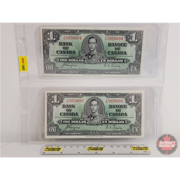 Bank of Canada $1 Bills 1937 (2 Consecutive) : Coyne/Towers #AN5970693-694 (See Pics for Varieties, 