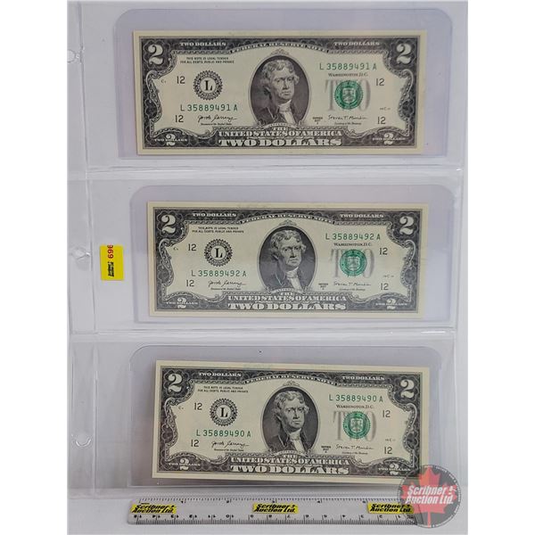 USA $2 Bills 2017 (3 Consecutive) : #L35889490-491-492  (See Pics for Varieties, Conditions, Serial 