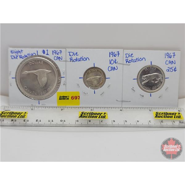 Canada 1967 Centennial Collector Combo "Rotated Dies" (3): - Dollar  - Ten Cent - Twenty Five Cent (