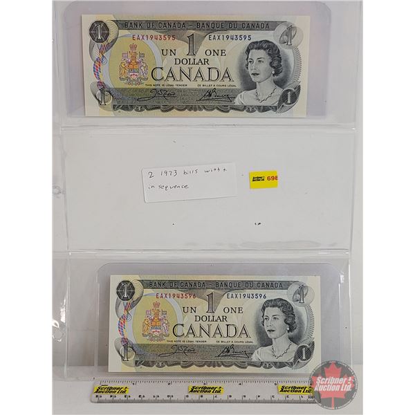 Canada $1 Bills 1973 "X Replacement" (2 Consecutive) : Crow/Bouey #EAX1943595-596 (See Pics for Vari