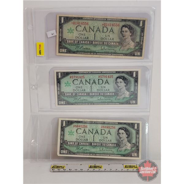 Canada $1 Bills 1967 (3): (Including One Replacement)  - Beattie/Rasminsky # *BM1414556 - Beattie/Ra