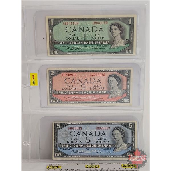 Canada Bills 1954 (3) :  - $5 Bill : Beattie/Rasminsky #JX0039013 - $2 Bill : Lawson/Bouey #UG373297
