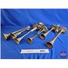 Image 1 : Brass Air Horn & Tin Truck Horns (2) : Trumpet Style (Brass Horn Measures : 18"L) (Tin Horn Measures