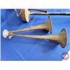 Image 8 : Brass Air Horn & Tin Truck Horns (2) : Trumpet Style (Brass Horn Measures : 18"L) (Tin Horn Measures