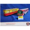 Image 2 : Tin Friction Toys (2) : Street Car & Bus (Both Measure : 3"H x 3"W x 11-1/2"D)