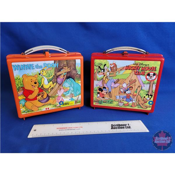 Vintage Disney Lunch Boxes (2) : Winnie The Pooh & Mickey Mouse Club (Plastic) (Both Measures : 8 H 