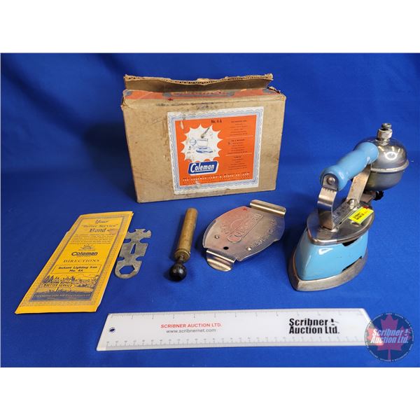 Coleman Iron No. 4-A w/ Original Box, Trivet, Pump, & Wrench (Box Measures : 7-1/2"H x 12"W x 4"D)