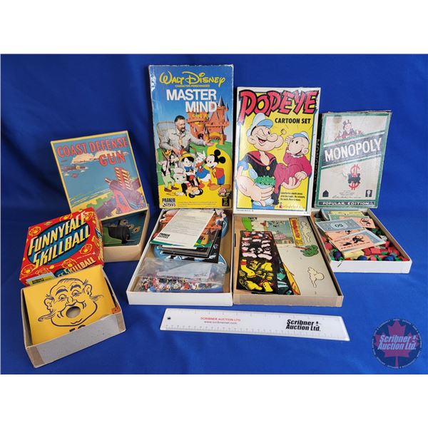 Vintage Games (5) : - Popeye - Disney Mastermind - Funnyface Skillball - Coast Defense Gun - Monopol