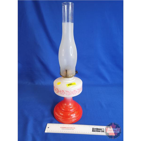 Coal Oil Lamp : Red & White ; Queen Mary Burner (Total Height w/Chimney : 21-1/2"H)
