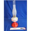 Image 3 : Coal Oil Lamp : Red & White ; Queen Mary Burner (Total Height w/Chimney : 21-1/2"H)