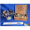 Image 1 : Variety of Brass Stamps (7) On Carousel & Inkwells (11) w/ Wood Cigar Box