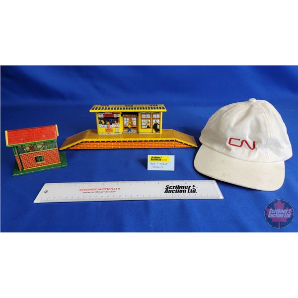 Tin Railroad Accessory Buildings (2) w/ CN Adjustable Cap (Largest Building Measures : 3-1/2"H x 13"