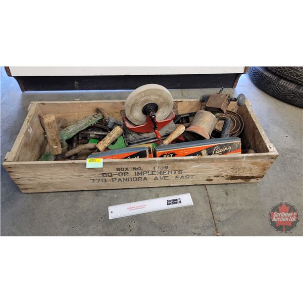 Variety of Rustic Tools w/ Wooden Crate : - Soldering Torch - Steel Belt Lacing - Wrenches - Ladles 
