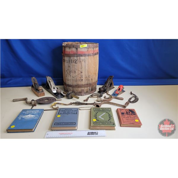 Tool Grouping : - Nail Keg (Measures : 17"H) - Hardcover Contractor Books (4) - Wood Planes (4) - St