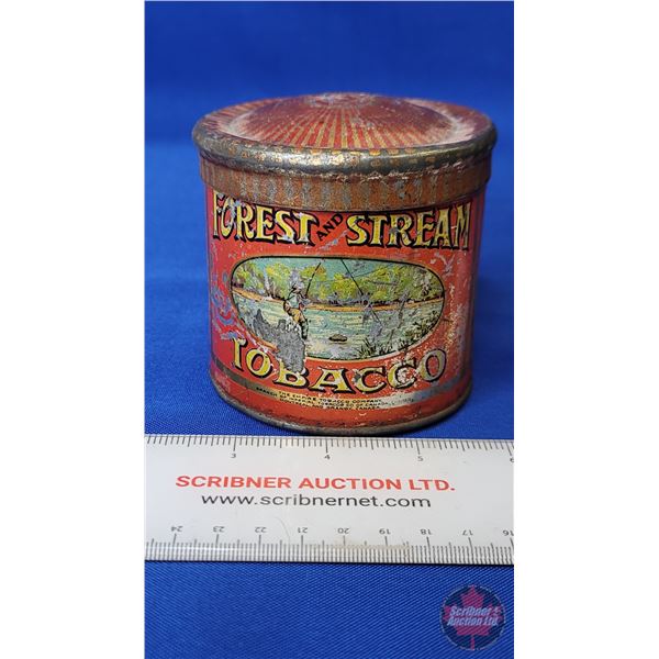 Tobacco Tin : Forest and Stream  (Measures : 3-1/2"H x 3-1/2"Dia)