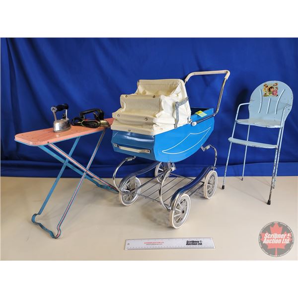 Vintage Metal Toys :  - Doll Carriage (Measures : 22-1/2"H x 11-1/2"W x 26"D) - Doll High Chair - Ir