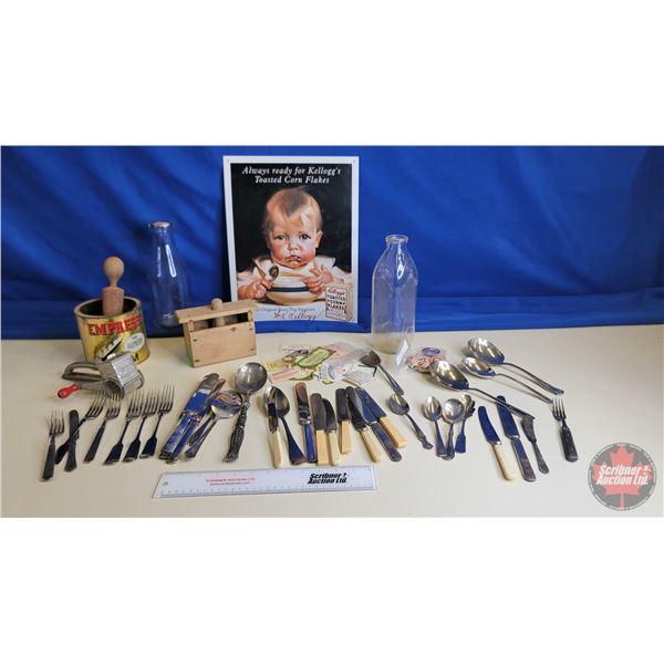 Collectors Group :  - Milk Bottles - Cutlery - Repro Tin Sign Corn Flakes Ad - Butter Press - Empres