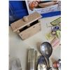 Image 8 : Collectors Group :  - Milk Bottles - Cutlery - Repro Tin Sign Corn Flakes Ad - Butter Press - Empres