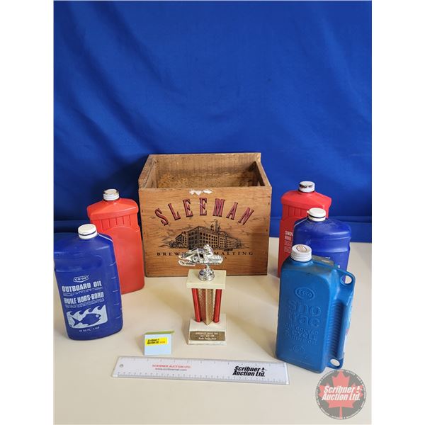 Sleeman Wood Crate w/ Two Stroke Oil Jugs (5) (1 Full) & Snowmobile Trophy (Crate Measures : 10"H x 