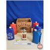 Image 1 : Sleeman Wood Crate w/ Two Stroke Oil Jugs (5) (1 Full) & Snowmobile Trophy (Crate Measures : 10"H x 