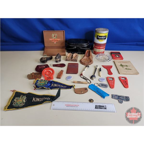Collectors Group : - Bottle Openers - Cigarette Tins - Ashtrays - Lunch Pail - Cigar Box - Pipe Case