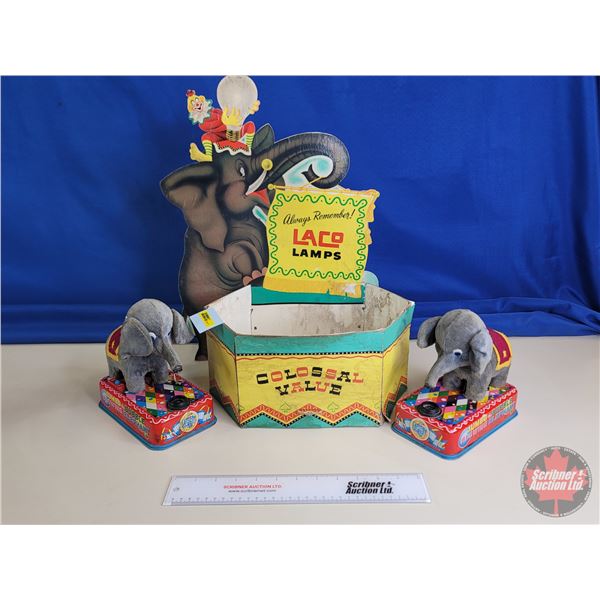 Tin Toys : Bubble Blowing Elephants (2) (Battery Operated) (Untested) w/ Laco Lamps Cardboard Displa