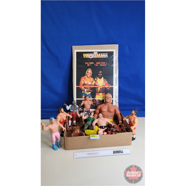 WWF Figurines (13) w/ WrestleMania Poster (1985) (Poster Measures : 18"H x 12"W)