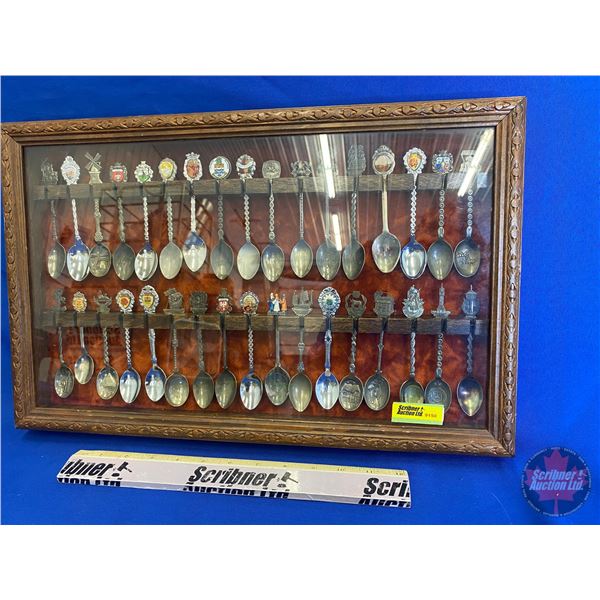 Collector Spoons (34) c/w Hanging Glass Front Display Cabinet