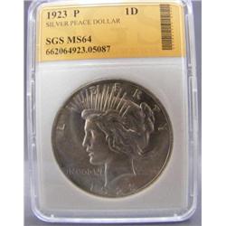 1923 Silver Peace Dollar  SGS MS 64