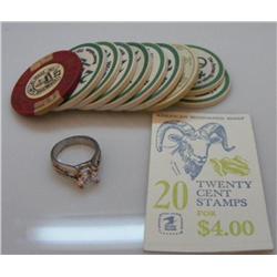 (10) Misc. Poker Chips & CZ Ring & (8) .20 Stamps