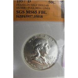 1957 D Franklin Half Dollar SGS MS65