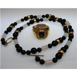 Gold over Sterling Ring & Black & White Necklace