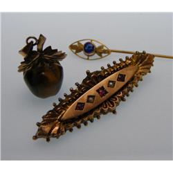 10k Gold Stick Pin - 14k Tiger Eye - 9k Brooch