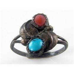 Vintage 1950s Navajo Turquoise & Coral Ring