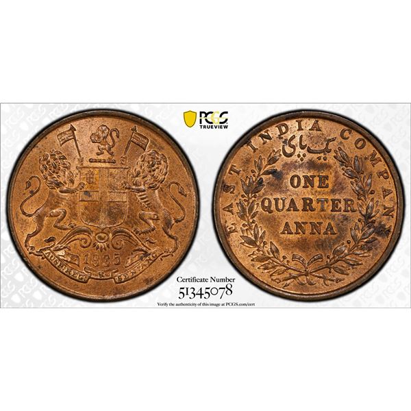 BRITISH INDIA: William IV, 1830-1837, AE 1/4 anna, 1835(c), PCGS MS64 RB