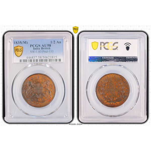 BRITISH INDIA: William IV, 1830-1837, AE 1/2 anna, 1835(m), PCGS AU58