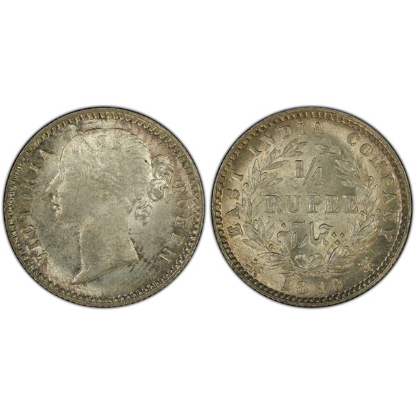 BRITISH INDIA: Victoria, Queen, 1837-1876, AR 1/4 rupee, 1840(b&c), PCGS MS63
