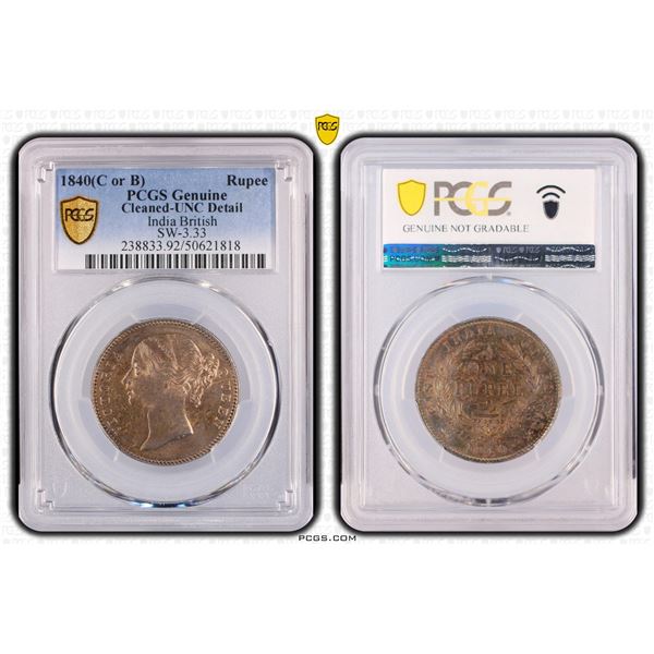 BRITISH INDIA: Victoria, Queen, 1837-1876, AR rupee, 1840(b&c), PCGS UNC details
