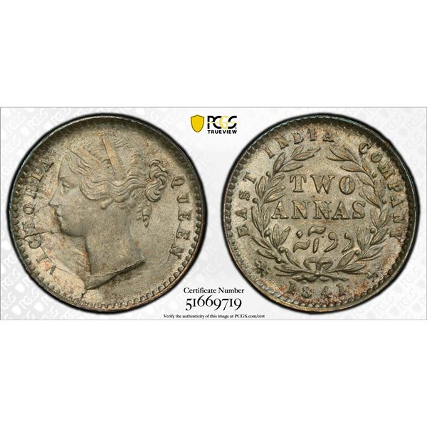 BRITISH INDIA: Victoria, Queen, 1837-1876, AR 2 annas, 1841(c), PCGS MS64