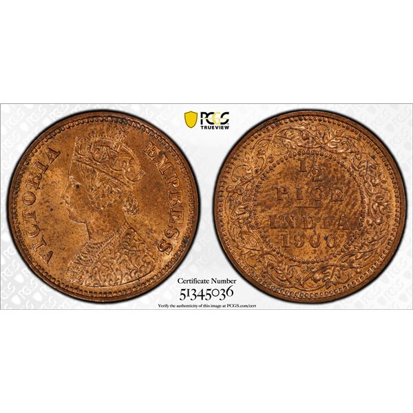 BRITISH INDIA: Victoria, Empress, 1876-1901, AE 1/2 pice, 1900(c), PCGS MS63 RB