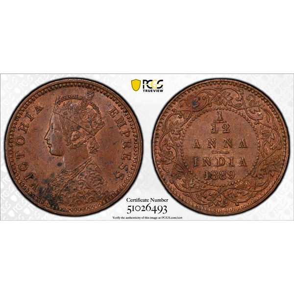 BRITISH INDIA: Victoria, Empress, 1876-1901, AE 1/12 anna, 1889(c), PCGS MS62 BN