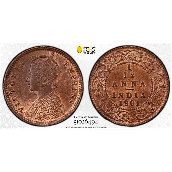 BRITISH INDIA: Victoria, Empress, 1876-1901, AE 1/12 anna, 1901(c), PCGS MS63 RB